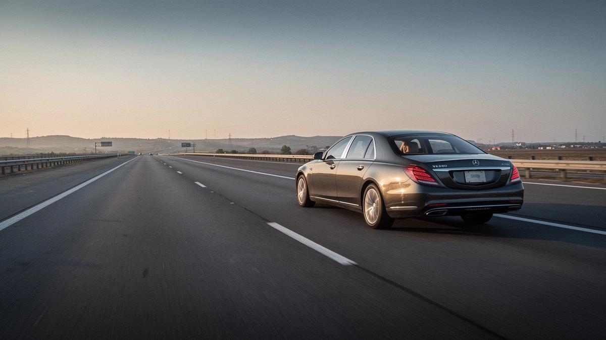 Chauffeur-driven sedan on an intercity highway at dawn with route markers overlaid