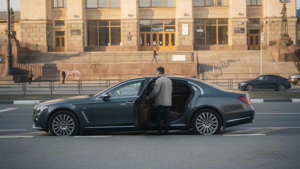 Chauffeur car waiting at a kerbside meeting point outside a Kyiv railway station entrance