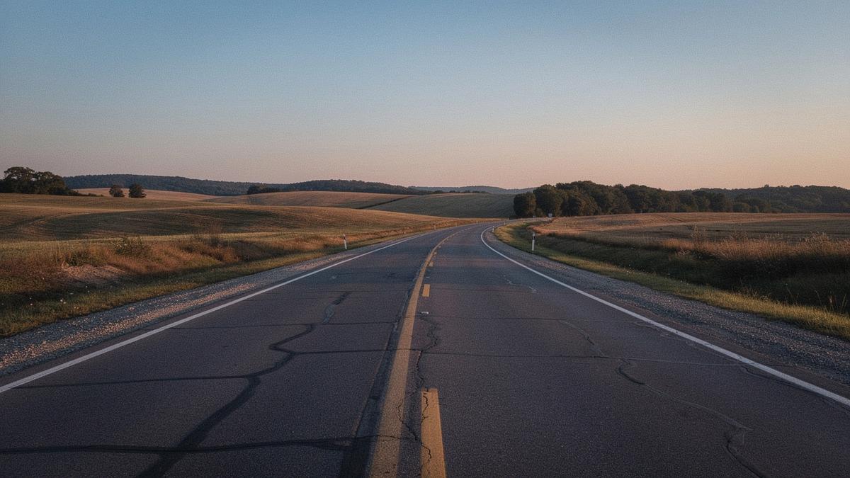 An empty intercity highway curving through open countryside at dusk